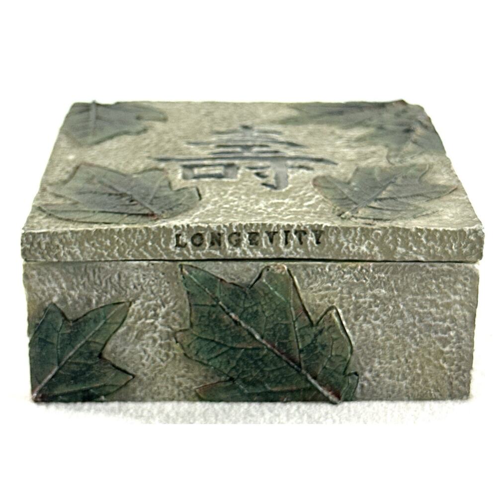 Square Lidded Green & Gray Japan Symbol Longevity Trinket Box - Picture 7 of 8